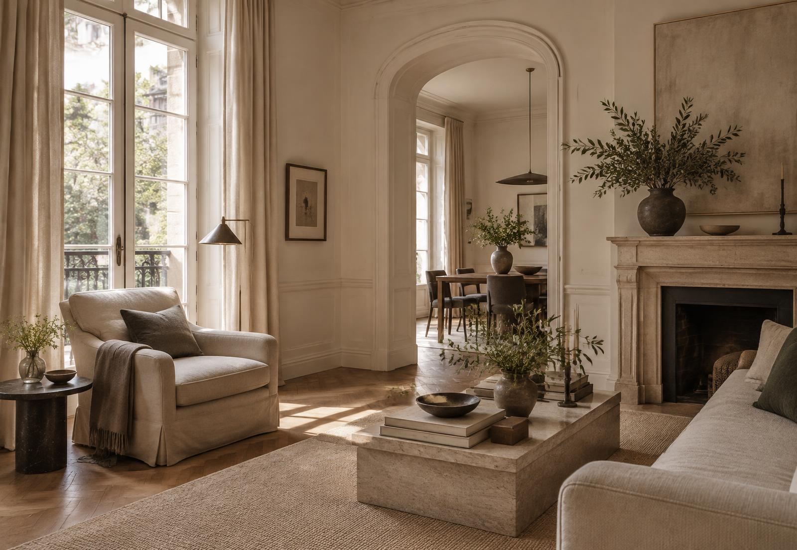 A calm private residence interior with warm stone, ivory walls and quiet natural light.